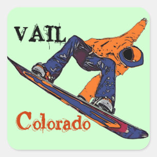 Vail Colorado orange blaue Snowboarderaufkleber Quadratischer Aufkleber