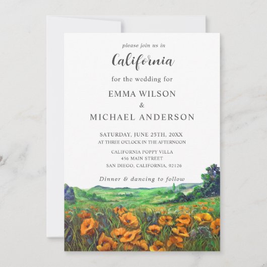 Val California Poppies Landschaft Floral Wedding Einladung (Vorderseite)