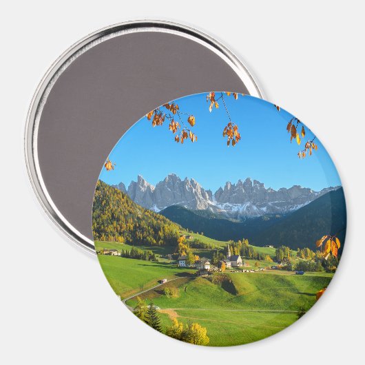 Val di Funes mit Herbstblättern und Rundmagneten Magnet (Vorderseite/Rückseite)