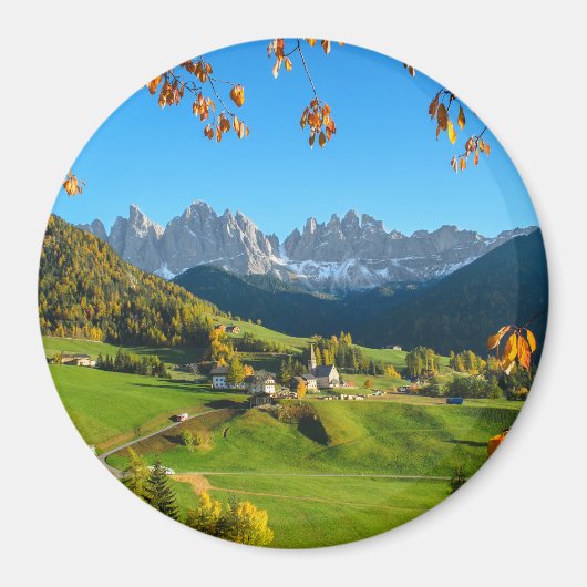 Val di Funes mit Herbstblättern und Rundmagneten Magnet (Vorne)