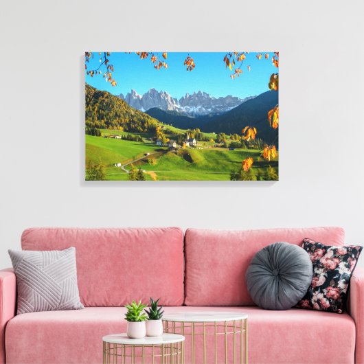 Val di Funes Tal mit Herbstblättern Leinwand (Insitu (Wohnzimmer))