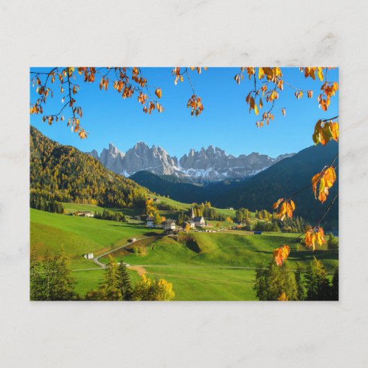 Val di Funes Tal mit Herbstblättern Postkarte (Vorderseite)