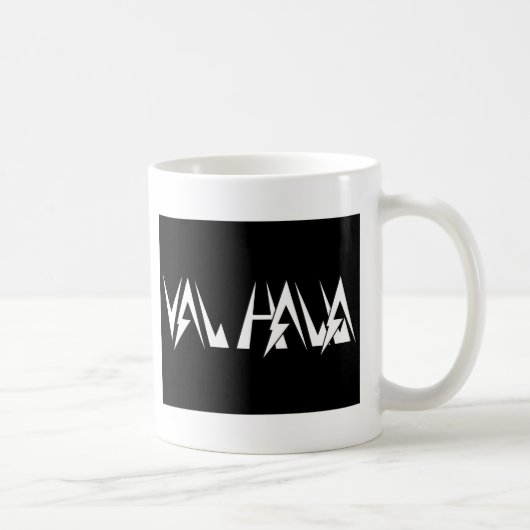 Val Halla SCHRIFTART-Logoweiß auf Schwarzem Kaffeetasse (Rechts)