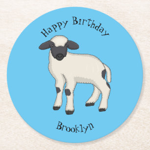 Valais Blacknose sheep cartoon illustration Runder Pappuntersetzer