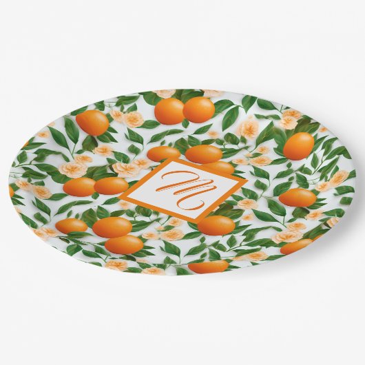 Valencia Orange Blossom Monogram Pappteller (Schrägansicht)