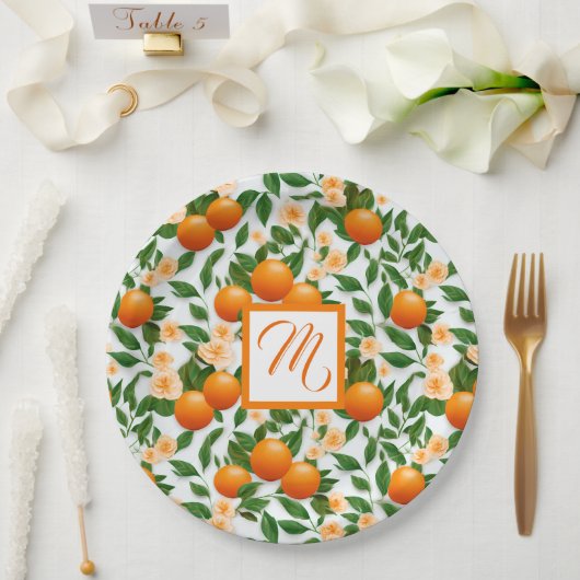 Valencia Orangenblüten Monogramm Pappteller (Hochzeit)