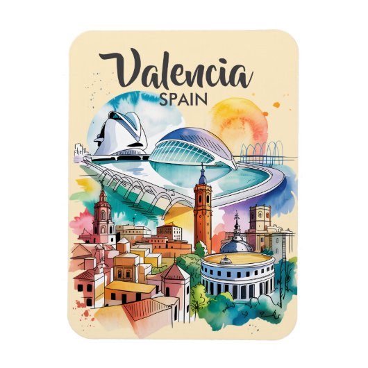 Valencia Spain Cityscape Watercolor Travel Custom Magnet (Vertikal)