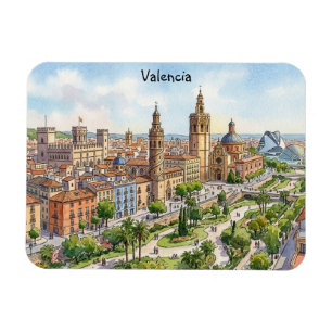 Valencia Spanien Aquarell Stadtansicht Retro Reise Magnet