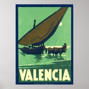 Valencia, Spanien, Fischerboot auf See, Vintage Poster