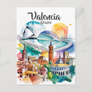 Valencia Spanien Stadtlandschaft Aquarell Reise in Postkarte