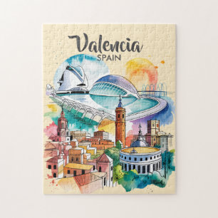 Valencia Spanien Stadtlandschaft Aquarell Reise in Puzzle