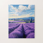 Valensole France Travel Art Vintag Puzzle<br><div class="desc">Valensole Retrovektor-Reiseschema. Valensole ist eine Stadt in der französischen Region Alpes-de-Haute-Provence. Es liegt auf einem Plateau inmitten von Lavendel- und Mandelbäumen.</div>