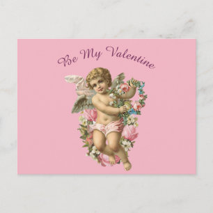 Valentin-Cherubim mit Blumen auf rosa Hintergrund Postkarte