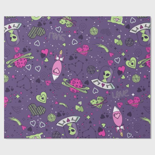 Valentine Alien Liebe ufo Raumschiff lila Geschenkpapier (Flach)