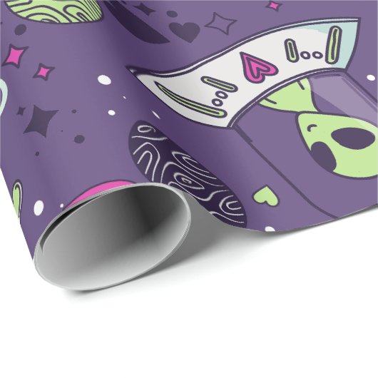 Valentine Alien Liebe ufo Raumschiff lila Geschenkpapier (Rolleneckpunkt)