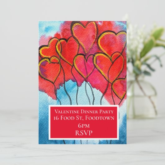 Valentine Aquarellherzen Abendessen Party Einladung (Stehend Vorderseite)