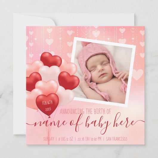 Valentine Baby Hearts Balloons Februar Birth News Ankündigung (Vorderseite)