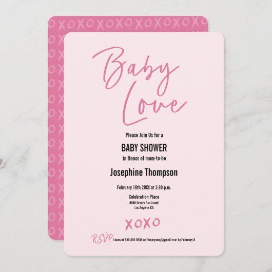 Valentine Baby Liebe Sweet Pink XOXO Babydusche Einladung (Vorne/Hinten)