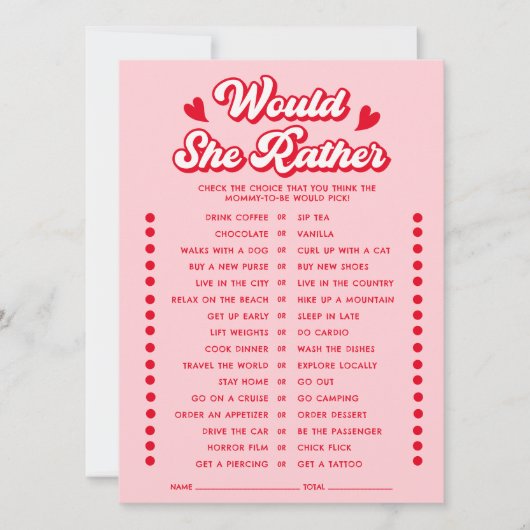 Valentine Baby Shower Would She Rather Game Card Einladung (Vorderseite)