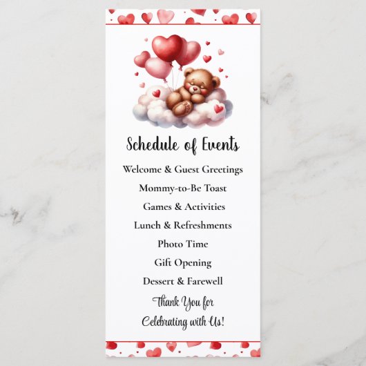 Valentine Bear Baby Dusche Menü und Programm (Rückseite)