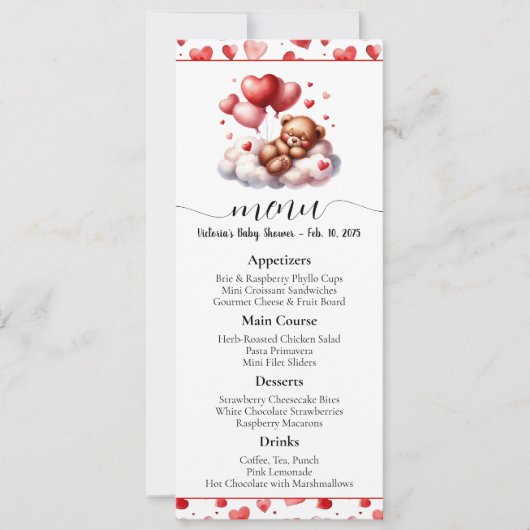 Valentine Bear Baby Dusche Menü und Programm (Vorderseite)