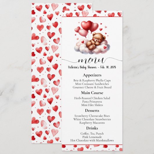 Valentine Bear Baby Showmenü Einladung (Vorne/Hinten)