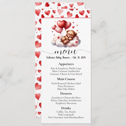 Valentine Bear Baby Showmenü Einladung (Vorne/Hinten)