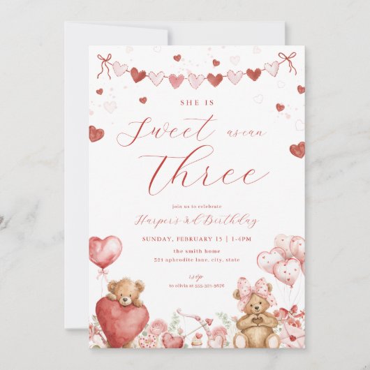 Valentine Bear Hearts Sweet Third Birthday Invite Einladung (Vorderseite)