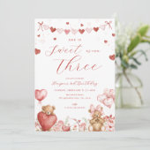 Valentine Bear Hearts Sweet Third Birthday Invite Einladung (Stehend Vorderseite)