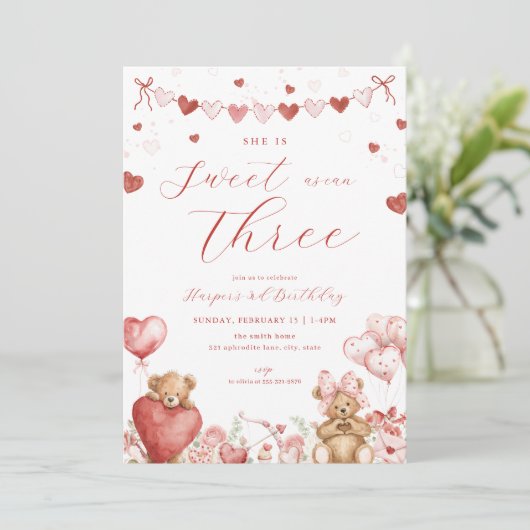 Valentine Bear Hearts Sweet Third Birthday Invite Einladung (Stehend Vorderseite)