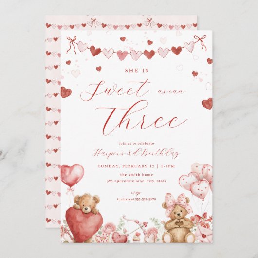 Valentine Bear Hearts Sweet Third Birthday Invite Einladung (Vorne/Hinten)