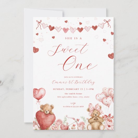 Valentine Bear Sweet One 1st Birthday Invite Einladung (Vorderseite)