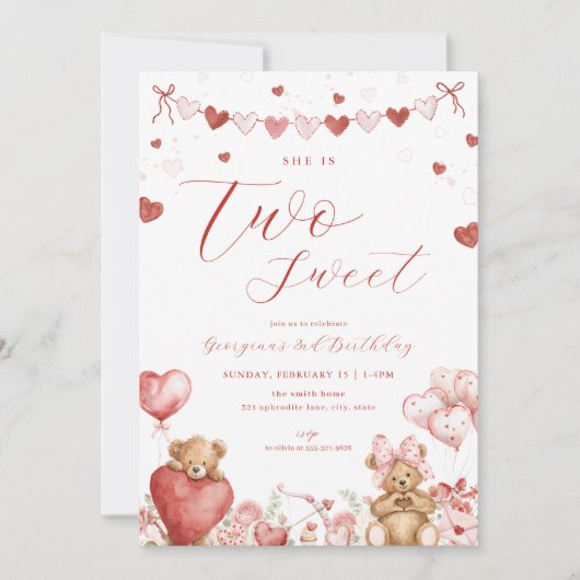 Valentine Bear Two Sweet Second Birthday Invite Einladung (Vorderseite)