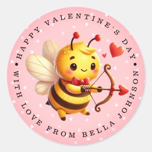 Valentine Bee Personalisiert Name Round Stickers (Vorderseite)