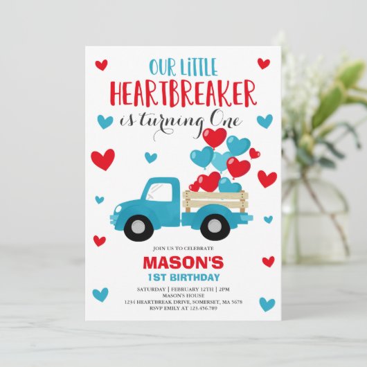 Valentine Birthday Einladung Herzschlag Blauer LKW (Stehend Vorderseite)