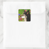 Valentine Border Collie mit wunderschönen Blume Quadratischer Aufkleber (Tasche)