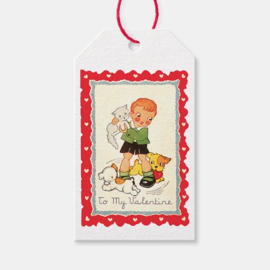 Valentine Boy mit Welpen & Kätzchen Geschenkanhänger (Vorderseite)