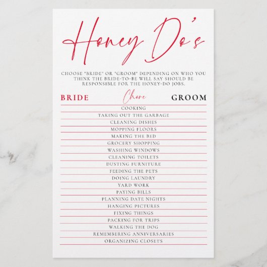 Valentine Bridal Shower Game Honey Do Watercolor Flyer (Vorne)