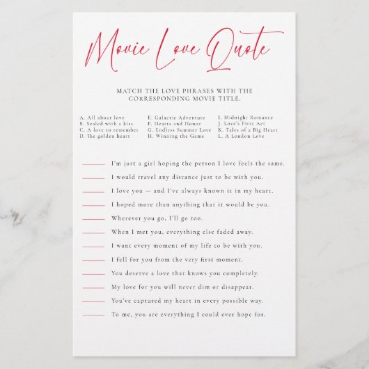 Valentine Bridal Shower Game Match Movie Quotes Flyer (Vorne)