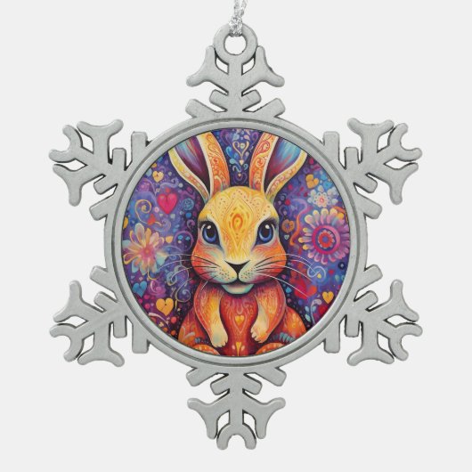 Valentine Bunny Blume lila Schneeflocken Zinn-Ornament (Vorderseite)