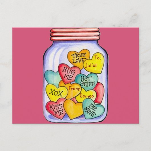 Valentine Candy Jar Postcard Feiertagspostkarte (Vorderseite)
