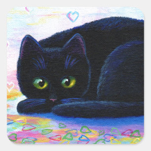 Valentine Cat Colorful Hearts Creationarts Quadratischer Aufkleber
