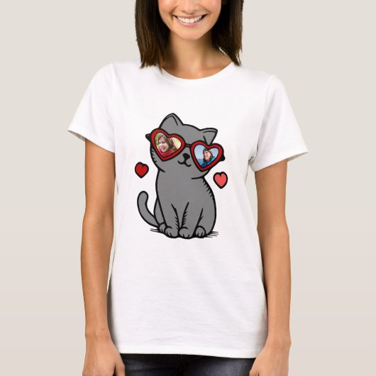 Valentine Cat Heart Shaped Glasses Custom Fotos T-Shirt (Vorderseite)