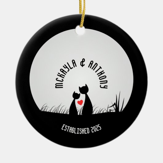 Valentine Cats Red Heart Moon Silhouette Couple Keramik Ornament (Vorne)