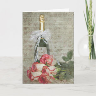 Valentine Champagne Flasche mit Rose Feiertagskarte