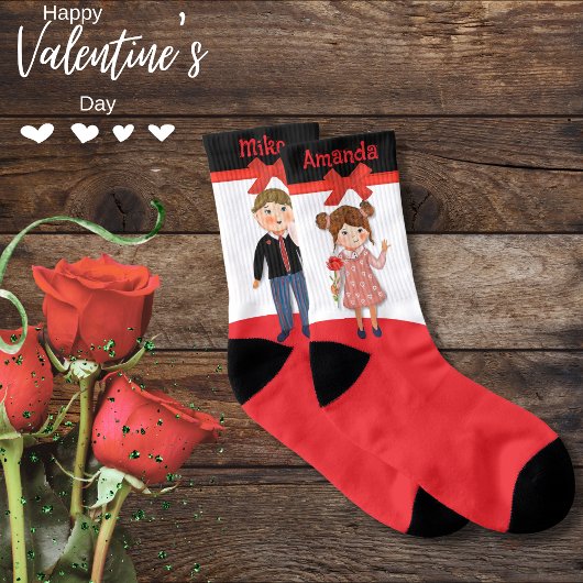 Valentine Couple Red White Black Red Bow Socken
