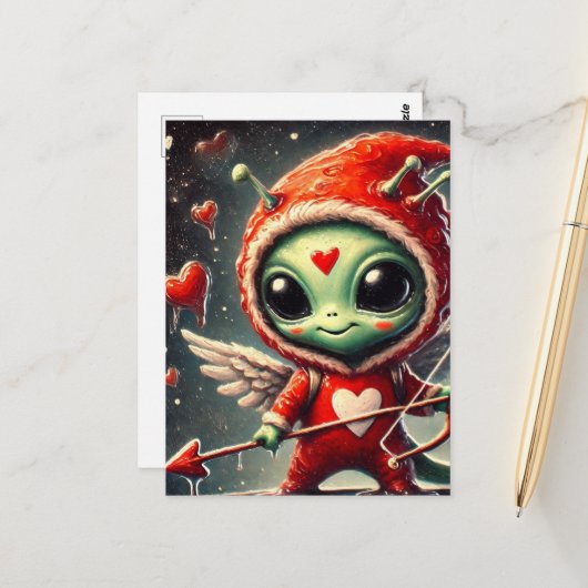 Valentine Cupid Green Alien Postkarte (Vorderseite/Rückseite Beispiel)