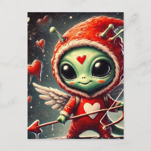 Valentine Cupid Green Alien Postkarte (Vorderseite)