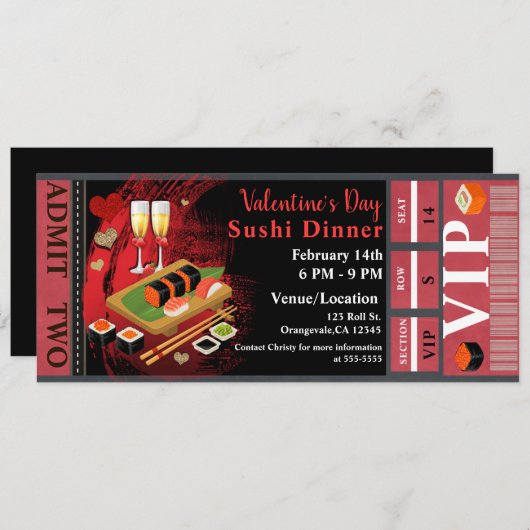 Valentine Dinner Black Red Sushi Party VIP Ticket Einladung (Vorne/Hinten)