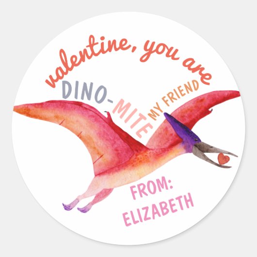 Valentine Dino-Mite Wasserfarbe Pink Pterosaurier Runder Aufkleber (Vorderseite)